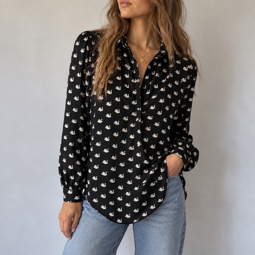 Kate Spade Black Swan Print Silk Blouse Medium Preppy Whimsigoth Cottagecore